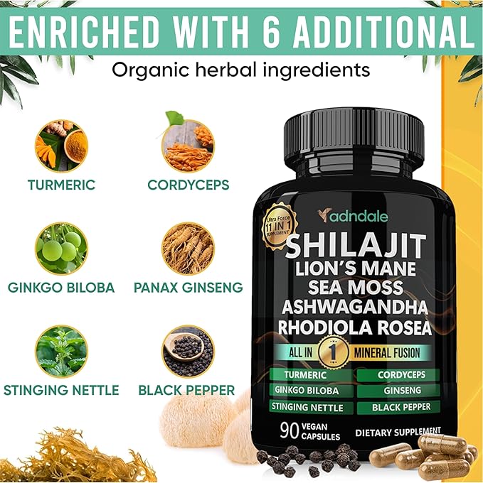 Shilajit Ultra Force 11-in-1. Pure Himalayan Organic Shilajit for Men and Women Capsules with Sea Moss Ashwagandha Rhodiola Rosea Lion’s Mane. 90 Count