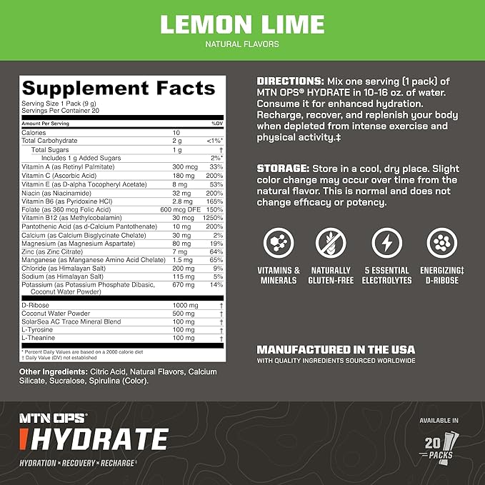 MTN OPS Hydrate Electrolytes Powder Drink Mix, 20 Single Serving On-The-Go Electrolyte Packs with Over 1000mg of Electrolytes per Serving, Lemon Lime