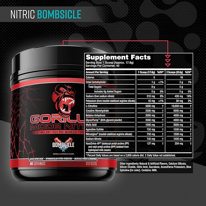 Gorilla Mode Nitric Upgraded Stimulant Free Pre-Workout – Best Tasting and Most Effective Stimulant Free Pre-Workout/Massive Pumps · Vasodilation · Power / 768 Grams (Bombsicle)