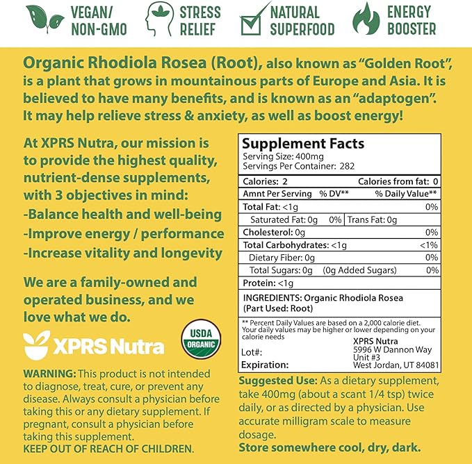 XPRS Nutra Organic Rhodiola Rosea Powder - Premium USDA Organic Rhodiola Powder to Boost Cognition and Relaxation - Vegan Friendly Energy Booster (4 oz)
