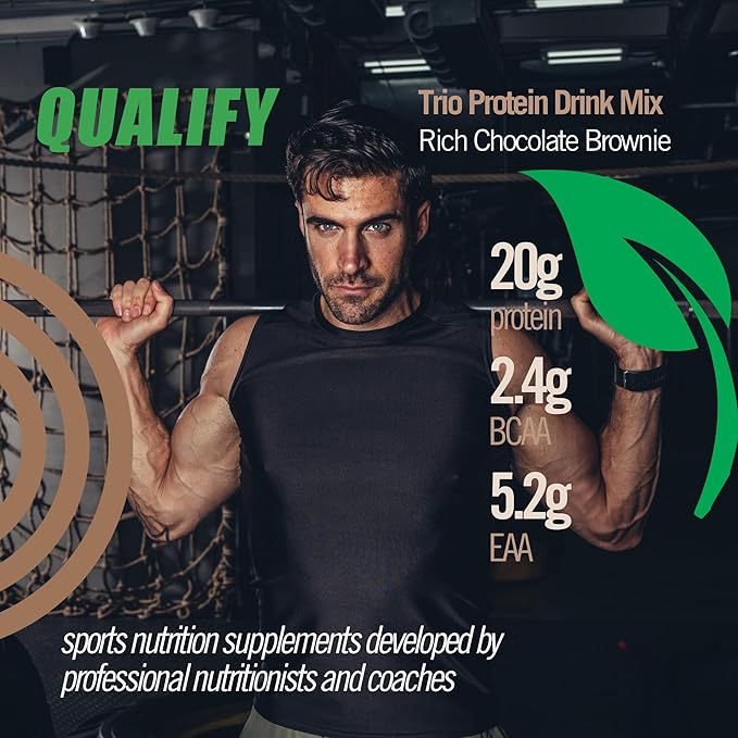 Plant Protein Powder Mix, Trio Rich Chocolate Brownie Flavored, Gluten Free, Vegan, Highly Kosher, 20g Protein, 2.4g BCAA, 26.4 Ounce