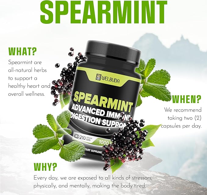 210 Capsules - Spearmint Supplement with Olive Leaf, Ginger Root, Black Pepper & More - Combined Formula for Digestion Health, Respiratory Health, Immunity & Positive Mood Support