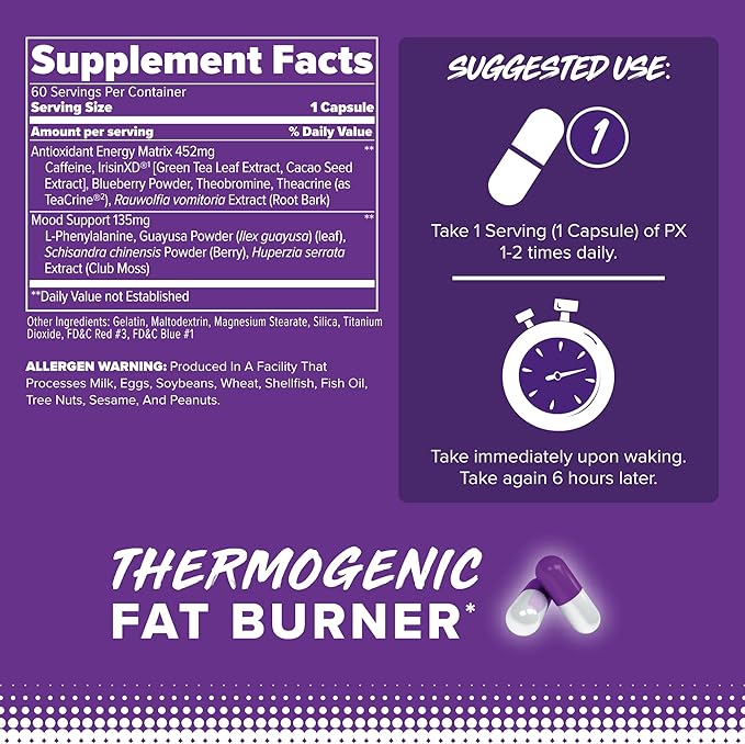 FINAFLEX PX PRO Xanthine - 60 Capsules - Thermogenic - Promotes Energy, Focus & Appetite Suppression - with Caffeine & TeaCrine - 60 Servings
