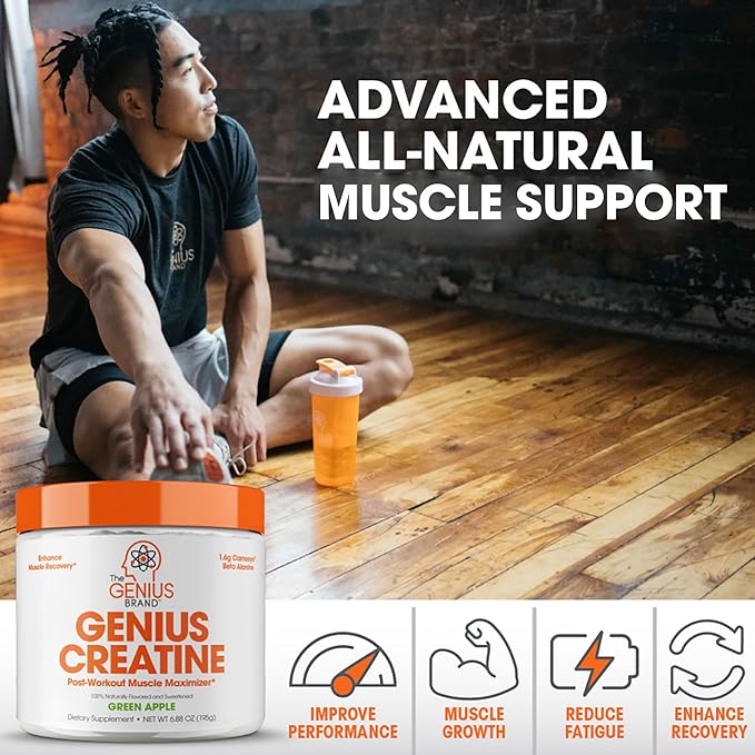Genius Micronized Creatine Monohydrate Powder, Post Workout Supplement, Green Apple - 100% Naturally Flavored & Sweetened - Supports Muscle Building, Cellular Energy & Cognitive Function – 195g