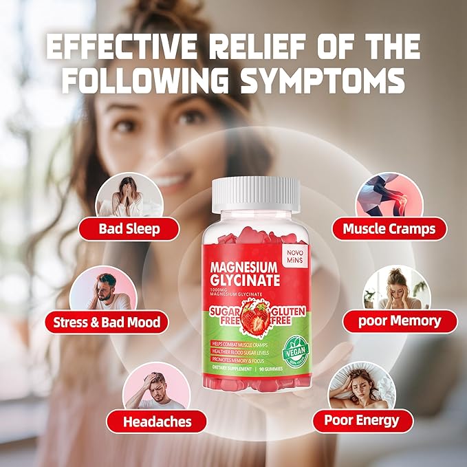 90 CT Magnesium Glycinate Gummies - Sugar Free Magnesium Potassium Supplement with Vitamin D, B6, CoQ10 for Calm Mood & Sleep Support - 90 Strawberry Gummies