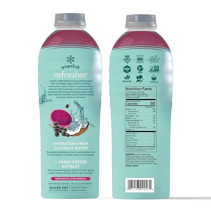 Recharge Refresher - Dragon Fruit, Elderberry - Made with Real Fruit and No Added Sugar – Low Cal, Hydrating Coconut Water, and Natural Energy (48oz Bottle)