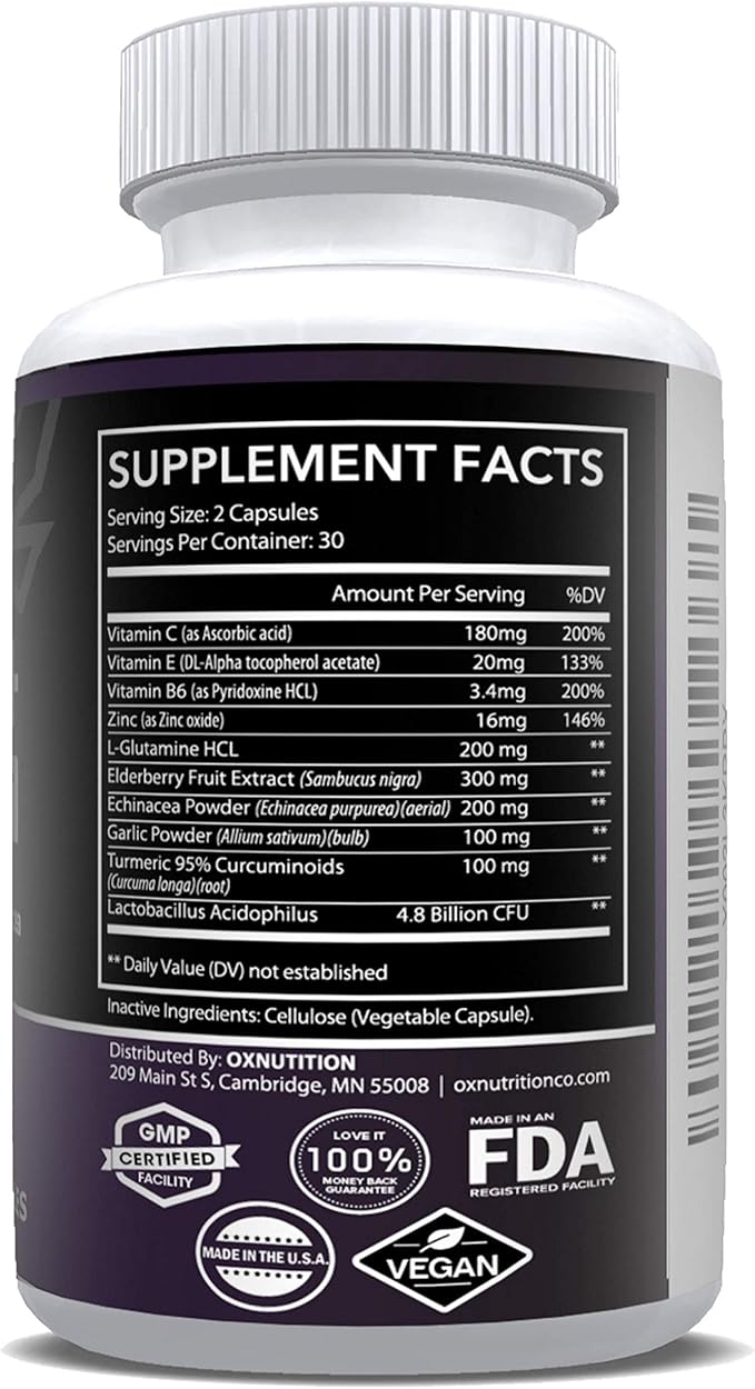 Nutrition 10 in 1 Elderberry, Vitamin C, Zinc, Vitamin E, Vitamin B6, Echinacea, Garlic, Turmeric, L-Glutamine HCL & Lactobacillus Probiotics & Antioxidants for Immune Defense 1 Month Supply