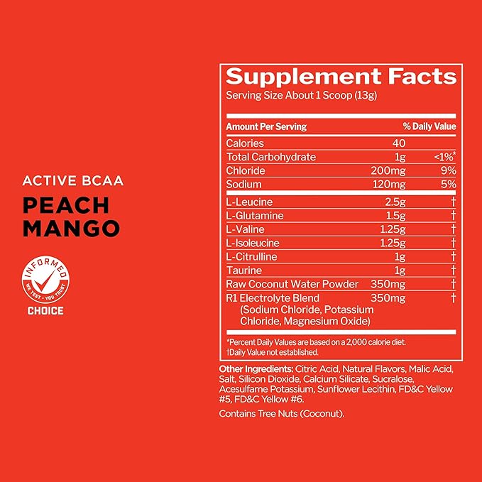 Rule 1 Active BCAA - Performance, Hydration, and Recovery Support with 5g BCAAs + Electrolytes, L-Glutamine, and Citrulline (30 Servings, Peach Mango)