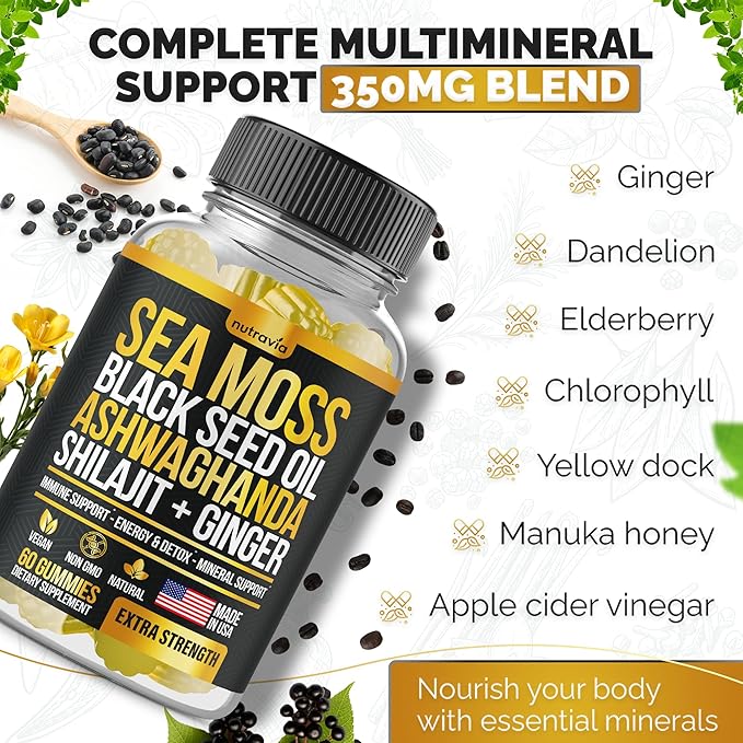 Sea Moss, Black Seed Oil, Ashwagandha, Ginger, Shilajit Gummies with Elderberry, Chlorophyll, Turmeric Bladderwrack Sea Moss Gummies Advanced Strength Formula - All in 1 Bundle - USA Made (60 Gummies)