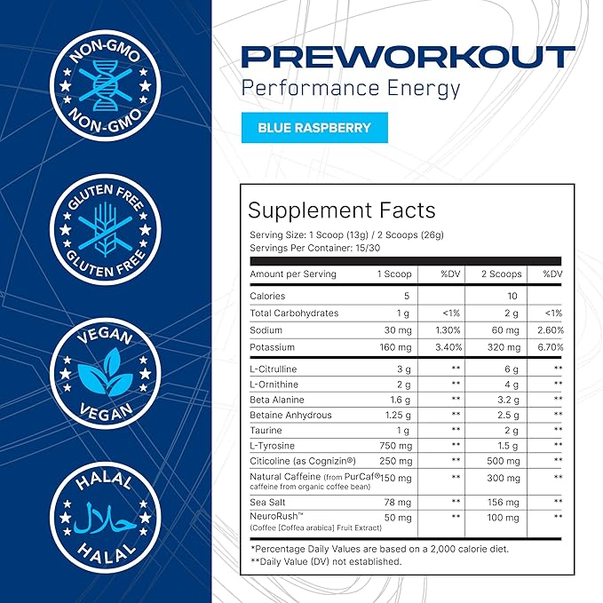 AN Performance Pre-Workout Powder Supplement for Men & Women | Energy Drink Mix with 300mg Caffeine + Beta Alanine + Citrulline | Third-Party Tested | Blue Razz | 30 Servings