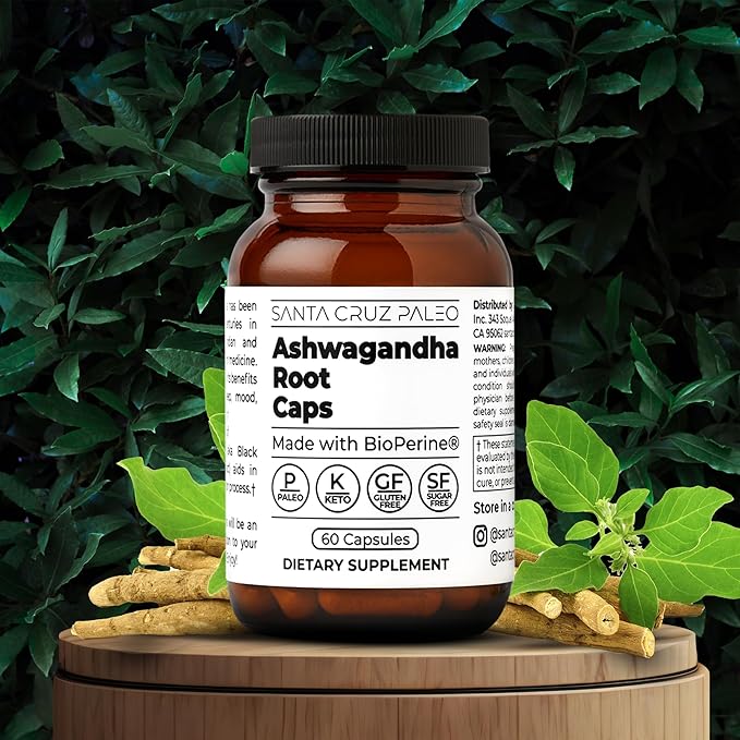 Santa Cruz Paleo Ashwagandha Capsules, 600mg Ashwagandha Root per Capsule, Gluten Free, Keto, Sugar Free, Paleo, Supports Energy, Focus, and Relaxation, BioPerine for Fast Absorption, 60 Capsules
