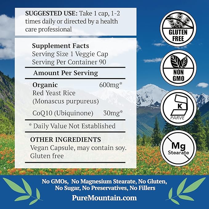 Pure Mountain Botanicals Red Yeast Rice with CoQ10 90 Kosher Vegan Capsules Now with 600mg Organic Red Rice Yeast Plus Co Q 10