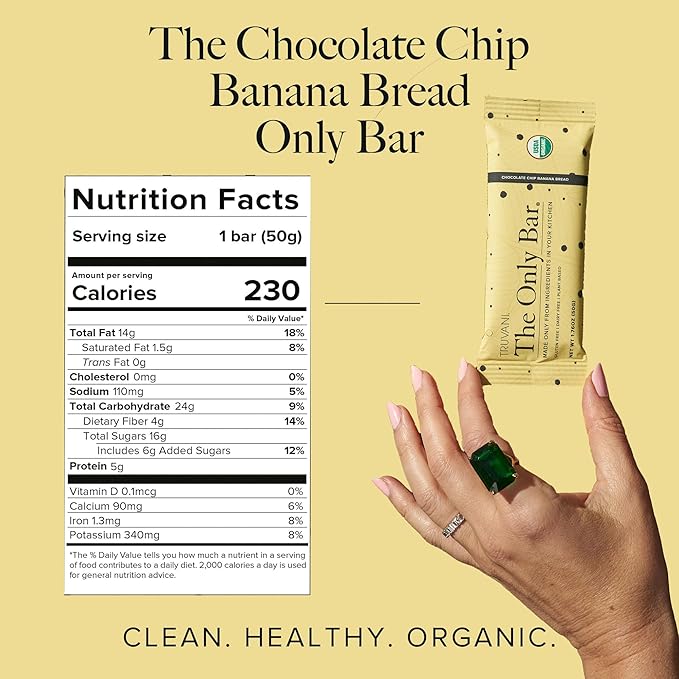 Truvani Plant Based Snack Bars | Chocolate Chip Banana Bread 1 Pack | 5g Protein | USDA Organic and Vegan | The Only Bar | Dairy, Soy, and Gluten Free | Individually Wrapped