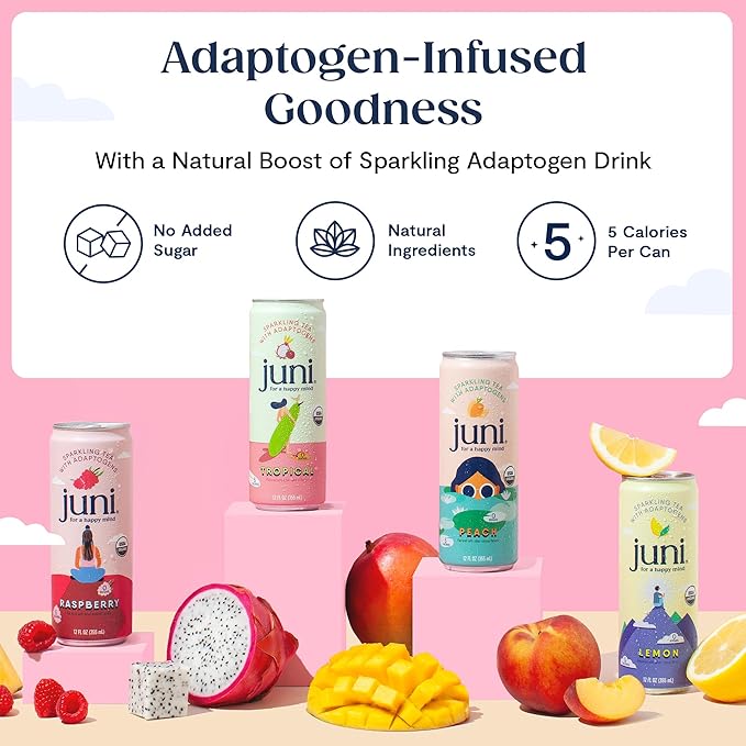 Juni Sparkling Adaptogen Drink with Ashwagandha, Lion’s Mane & Reishi Mushrooms | Green Tea for Focus, Zero Sugar, 5 Calories, Organic | Non Alcoholic Drinks - Peach 12 pack