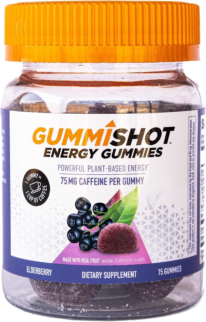 Energy Gummies, 1125 mg of Plant-Based Caffeine Chews per Bottle, Long Lasting Energy Boosters, Elderberry (15ct)