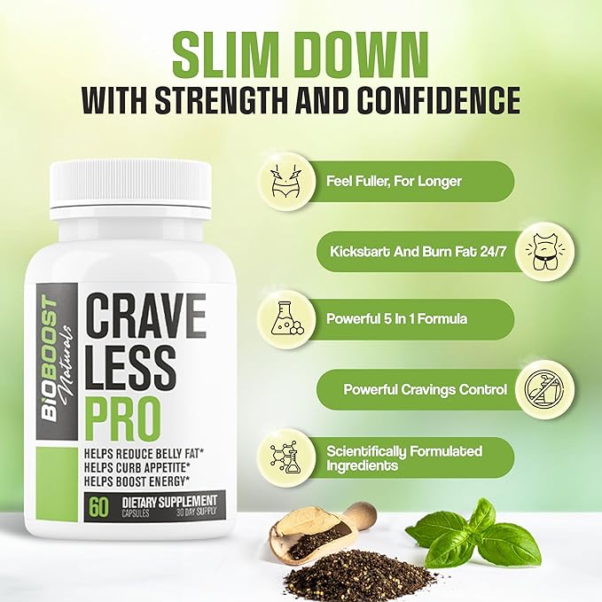 Crave Less PRO | Ultra Weight Loss Pills for Women & Men | GLP-1 Supplement Support | Appetite Suppressant, Belly Fat Burner | 5 Powerful Ingredients for Weight Loss, Size, Stamina - 60 Capsules