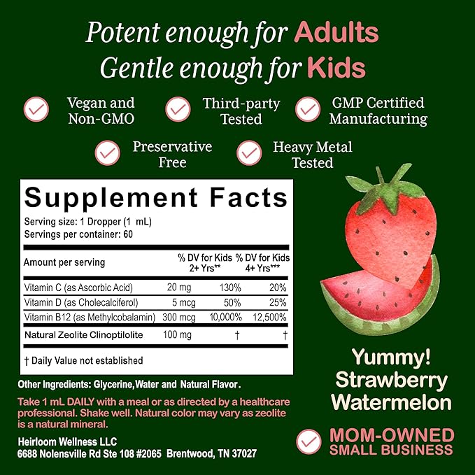 Zeolite Detox for Kids | Methyl B12, Vitamin C & D3 for Immune & Gut Support | Heavy Metal Tested | Mom-Formulated | 2oz Drops (60 Servings) | Vegan, Sugar-Free, Non-GMO