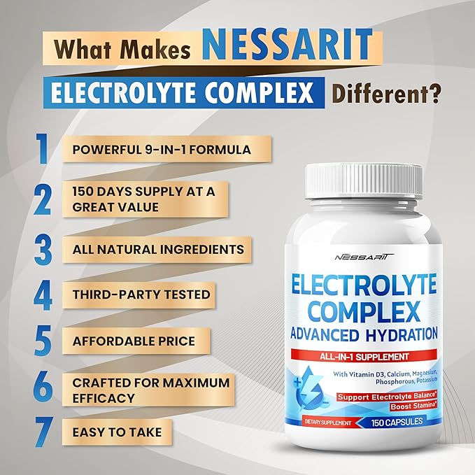 Electrolyte Complex - Advanced Hydration with Vitamin D3, Calcium, Magnesium, Phosphorus, Potassium - 150 Count - Made & Tested in The USA