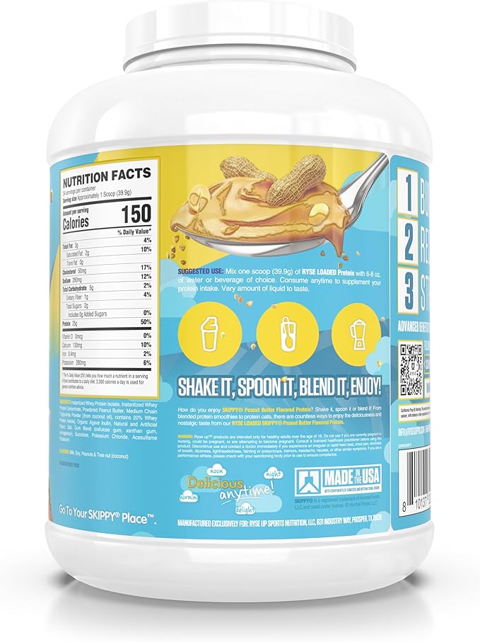 Ryse Loaded Protein Powder - Skippy Peanut Butter - 25g Whey Protein Isolate & Concentrate with Prebiotic Fiber & MCTs - Low Carb, Low Sugar, Digestive-Friendly - 54 Servings / 4 lb Tub