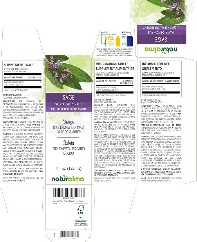 Naturalma Sage (Salvia officinalis) Leaf Alcohol-Free Tincture - 4 fl oz Liquid Extract in Drops - Herbal Supplement - Vegan
