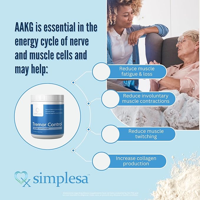 Simplesa Tremor Control, L-Arginine Alpha-Ketoglutarate Supplement, Includes GABA, Ubiquinol, and Niacin, 360g AAKG Powder Supplement, Supports Tremor Control, and Muscle Health