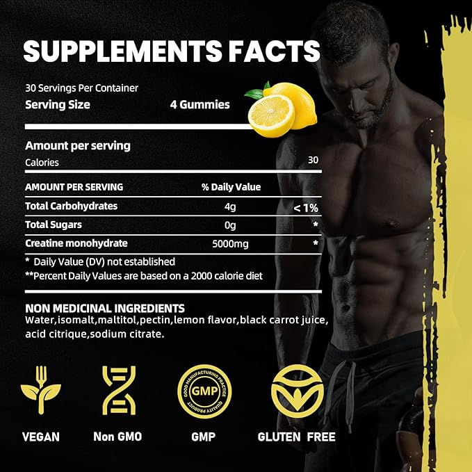 Creatine Monohydrate Gummies 5g for Men Women,Sugar Free Chewables Creatine Pre-Workout for Muscle Strength, Lemon Flavor, 120 Count