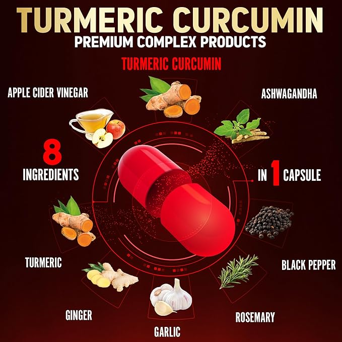 7 in 1 Turmeric Curcumin + Apple Cinder Vinegar Capsules, 6 Month Supply with Ashwagandha, Ginger, Garlic Bulb, 180 Capsules