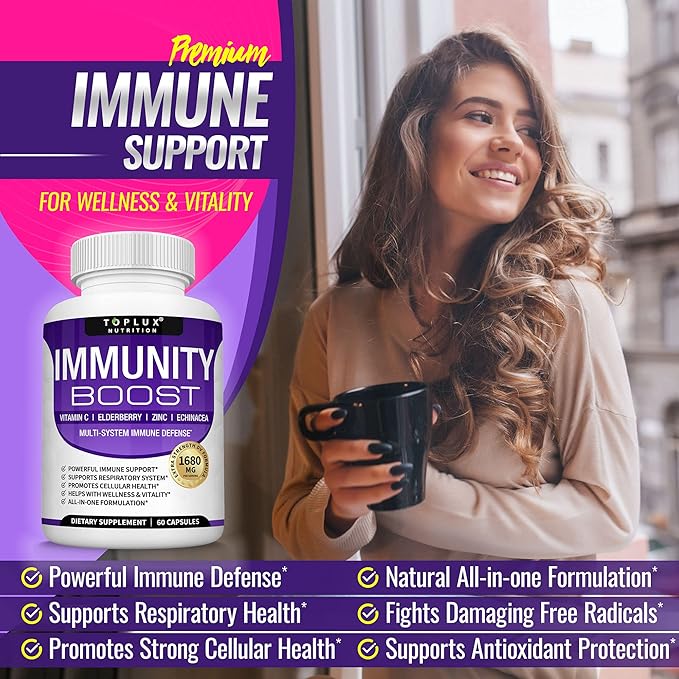 10 in 1 Immunity Boost Immune Support Supplement – 1650mg Made with Elderberry, Vitamin C, Zinc, Echinacea & Probiotics for Immune System Booster, Support Healthy Respiratory System, 2x 60 Capsule