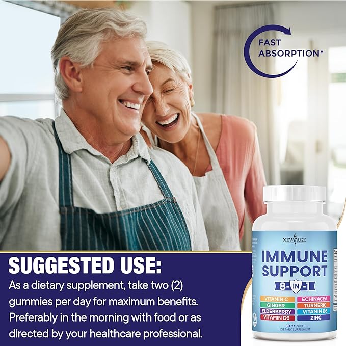 NEW AGE 8 in 1 Immune Support Booster Supplement with Echinacea, Vitamin C and Zinc 50mg, Vitamin D 5000 IU, Turmeric Curcumin & Ginger, B6, Elderberry (8 in 1 Capsules (Pack of 3))