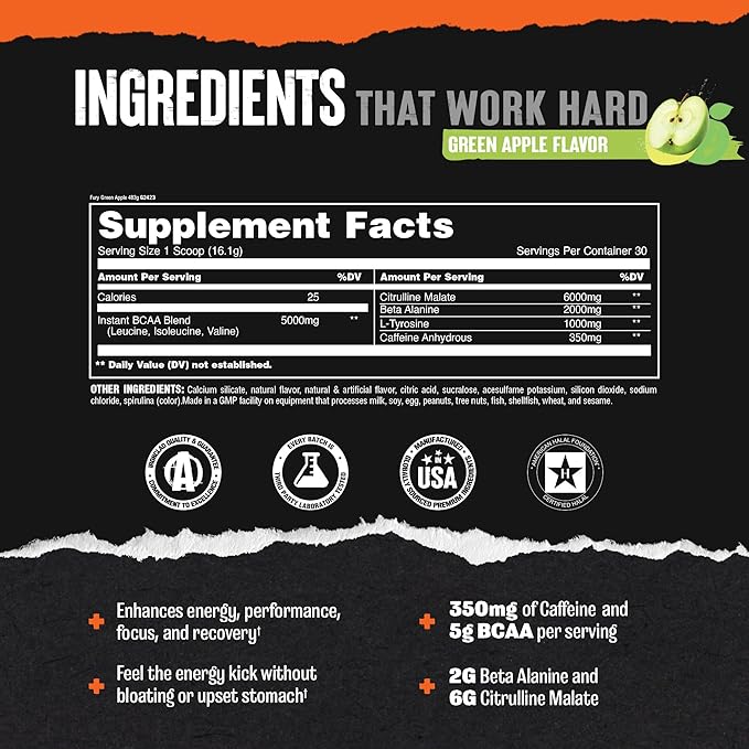 Animal Fury Pre Workout Powder Supplement for Energy and Focus 5g BCAA 350mg Caffeine Nitric Oxide Without Creatine Powerful Stimulant for Bodybuilders, Green Apple