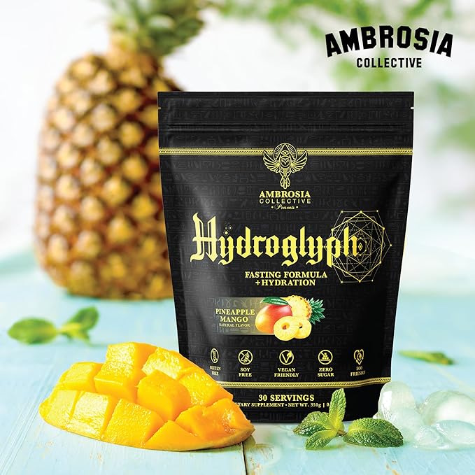 Ambrosia Hydroglyph Intraworkout Formula w/BCAA + EAA + Electrolytes Hydration Powder to Protect Lean Muscle, 0g Sugar Fasting Hydration Drink Mix, Made w/Coconut Water (Pineapple Mango)