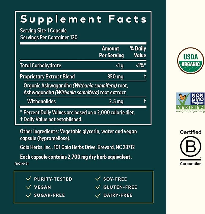 Gaia Herbs Ashwagandha Root - Stress Relief & Immune Support Supplement - Supports Balanced Energy Levels and Positive Outlook - 120 Vegan Liquid Phyto Capsules (1 Pack)
