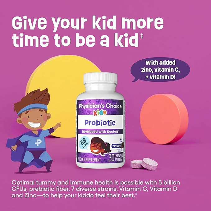 Physician's CHOICE Probiotics for Kids - 7 Diverse Strains, Organic Prebiotics, Vitamins & Minerals - Clinically Studied L. Rhamnosus - Immune & Digestive Support - No Sugar or Artificial Dyes - 60ct