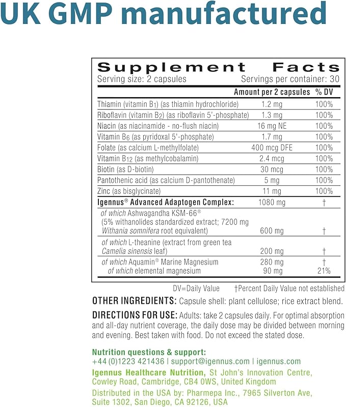 Igennus High Strength Ashwagandha Stress Relief Complex, L-Theanine & Magnesium & KSM-66 Root Extract Adaptogens, Methylated B Vitamins, Calm & Sleep Support, Clean Label, 60 Vegan Capsules