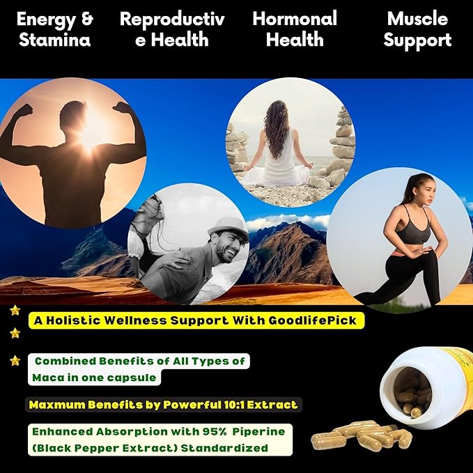 Peruvian Maca Root Capsules 150 ct. Powerful Maca Blend of Yellow Red & Black Maca Root with Black Pepper. All Natural NonGMO Vegan No Stearate No Rice Powder No Silica No Filler