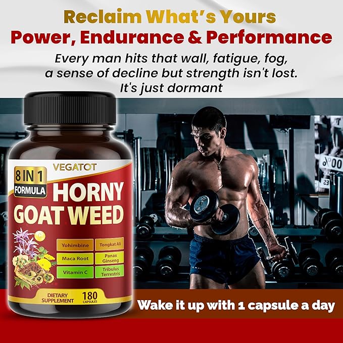 VEGATOT 8 in 1 High Strength Horny Goat Weed Concentrated with Yohimbine Tongkat Ali Maca Root Fenugreek Boost Energy Stamina 3-Month Supply (90 Count (Pack of 1))