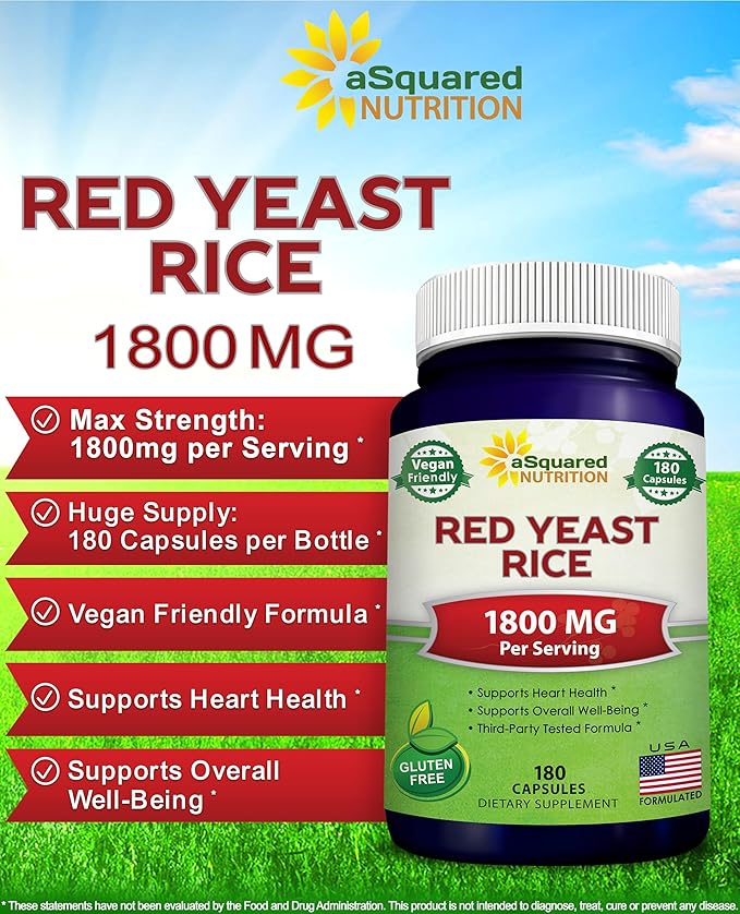 aSquared Nutrition Red Yeast Rice 1800mg - Dietary Supplement Vegan Powder Pills to Support Cardiovascular Health - 180 Veggie Capsules