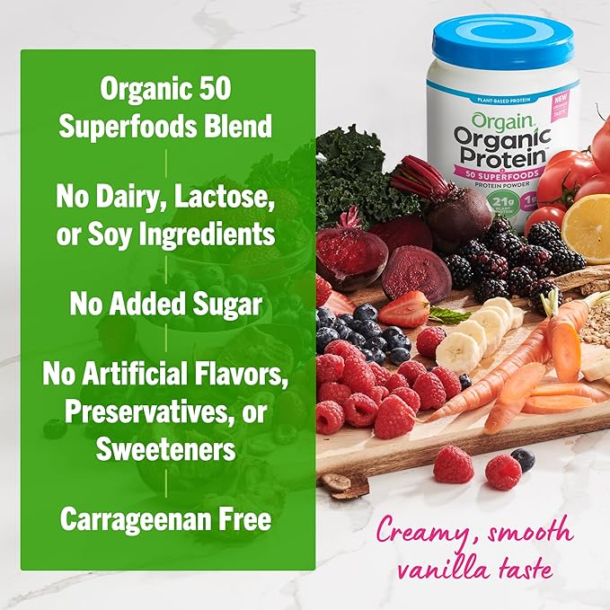 Orgain Organic Vegan Protein + 50 Superfoods Powder, Vanilla Bean - 21g Plant Based Protein, 8g Prebiotic Fiber, No Lactose Ingredients, Gluten Free, No Added Sugar, 1.12 lb (Packaging May Vary)