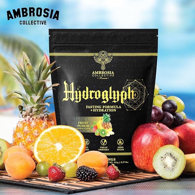 Ambrosia Hydroglyph Intraworkout Formula w/BCAA + EAA + Electrolytes Hydration Powder to Protect Lean Muscle, 0g Sugar Fasting Hydration Drink Mix, Made w/Coconut Water (Fruit Punch)