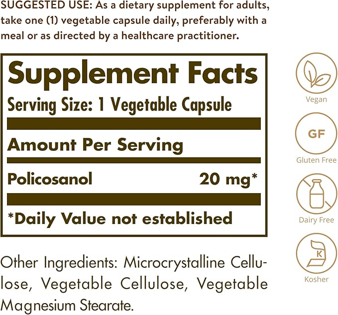 Solgar Policosanol 20 mg, 100 Vegetable Capsules - Supports Heart Health - General Wellness - Vegan, Gluten Free, Dairy Free, Kosher - 100 Servings