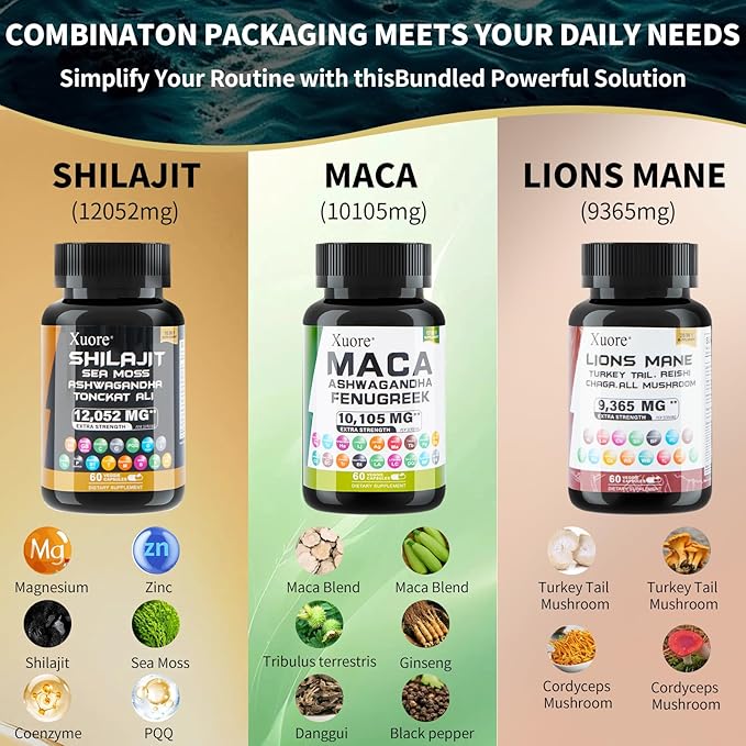 Bundle of, Shilajit &Lions Mane&Maca Ashwagandha, Rhodiola Rosea, Panax Ginseng, Turkey Tail, Reishi, Cordyceps, Chaga Fenugreek, Trifibranol100X All in 1 Supplements (1 Pack)