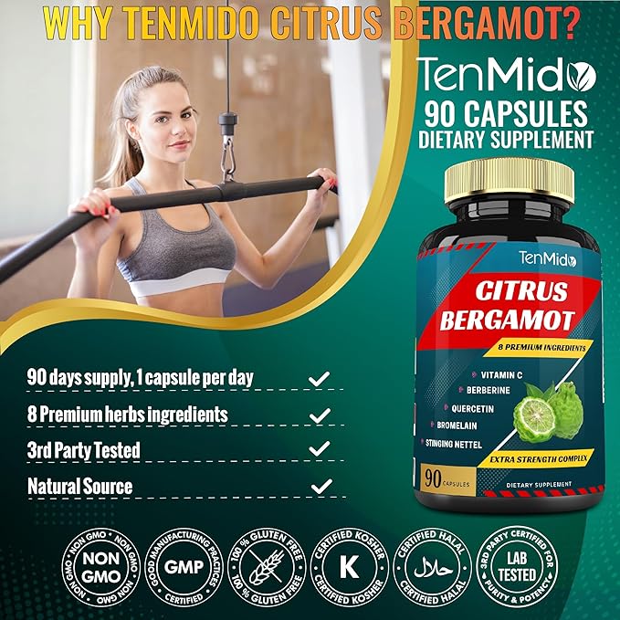 Citrus Bergamot Extract Capsules with VitaminC, Berberine, Quercetin, Bromelain, Echinacea, Black Pepper - 3 Months Supply, 90caps