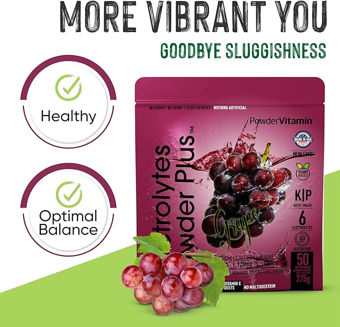 Electrolytes Powder Plus (50 Servings) Grape Electrolyte Powder Zero Calorie Keto, 0 Sugar, No Maltodextrin,1000mg Potassium,120mg Calcium,120mg Magnesium, Hydration Powder