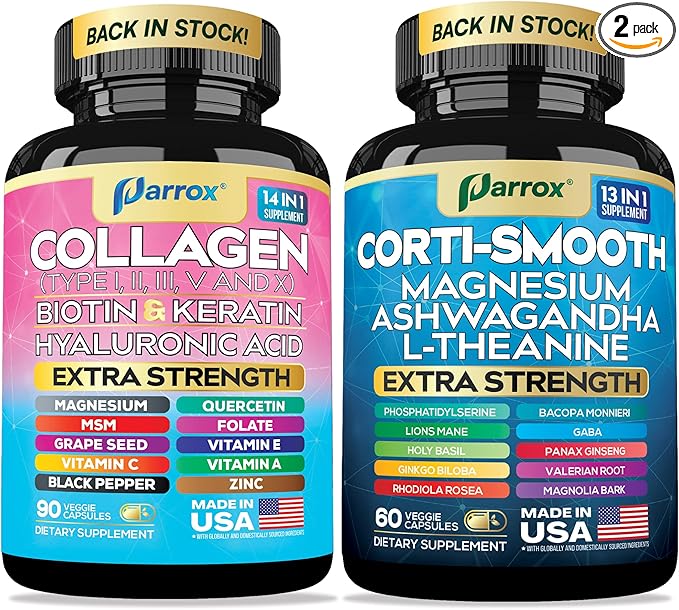 Shining Serenity Set, Cortisol Support with Ashwagandha, L-Theanine, Magnesium, Lions Mane, GABA, Bacopa Monnieri, Collagen I, II, III, V, X, Folate, Biotin, Keratin, Hyaluronic Acid, Quercetin