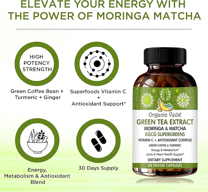 Organic Veda Green Tea Extract ECGC Capsules - Antioxidants Rich Matcha, Green Coffee Bean, Turmeric, Moringa, Vitamin C - Energy, Metabolism, Brain, Immune & Heart Health Supplement - 60 Pills