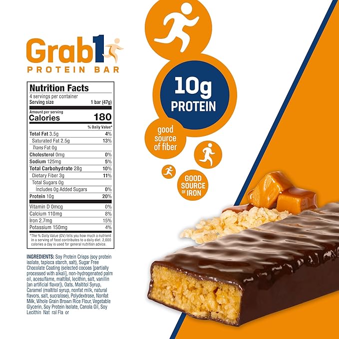 Grab1 Sugar Free Protein Bars, Caramel Crunch (3 Pack- 12 Bars) | Delicious and Nutritious | Low Calorie | Only 1g Sugar
