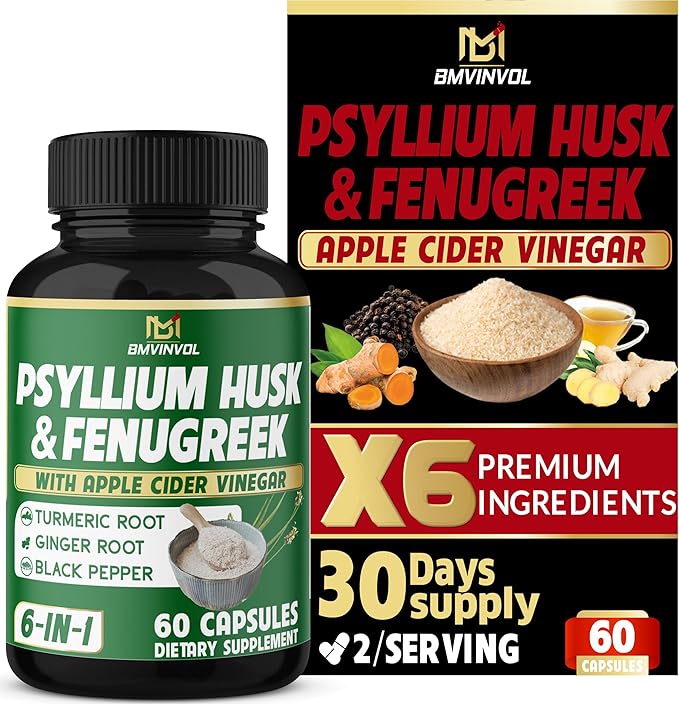 BMVINVOL 6in1 Psyllium Husk, Fenugreek, Apple Cider Vinegar, Turmeric, Ginger, Black Pepper - Soluble Fiber for Supports Digestive Health & Regularity (60 Capsules)