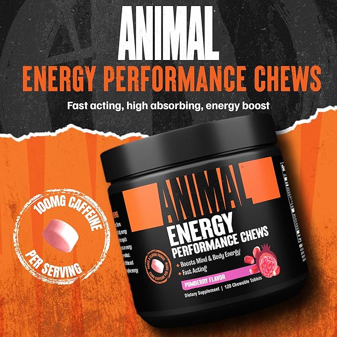 Animal Energy Chews, Fast Acting Energy with Caffeine, Nootropics and Sea Salt for Focus and Pre Workout - Convenient and Delicious Chews Format - Pom-Berry