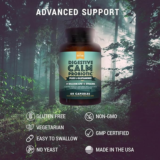 Natural Rhythm Digestive Calm Probiotic (Plus L-Glutamine) 25 Billion CFU and 13 Strains. - Natural Support for Better Digestion - for Bloating & Constipation + Gas Relief & Leaky Gut - 60 Capsules.