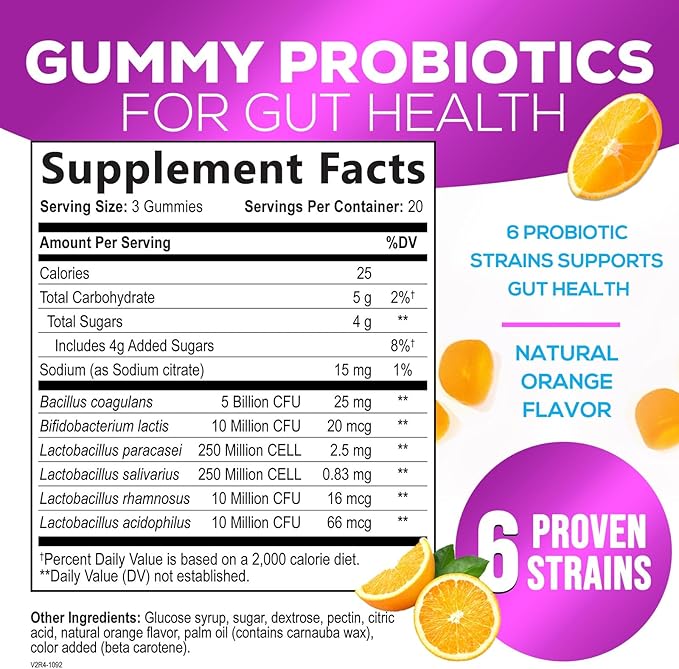 Probiotic Gummies for Women, Men & Teens - 5 Billion CFUs, 6 Probiotic Strains, Orange Flavor - Daily Gummy Probiotics Supplement for Natural Digestive Health, “Good” Gut & Immune Support - 60 Count